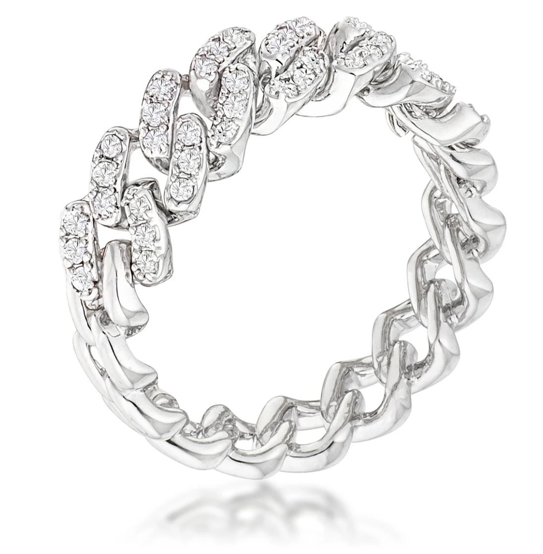 Rhodium Plated Clear CZ Round Cut Flexible Chain Ring